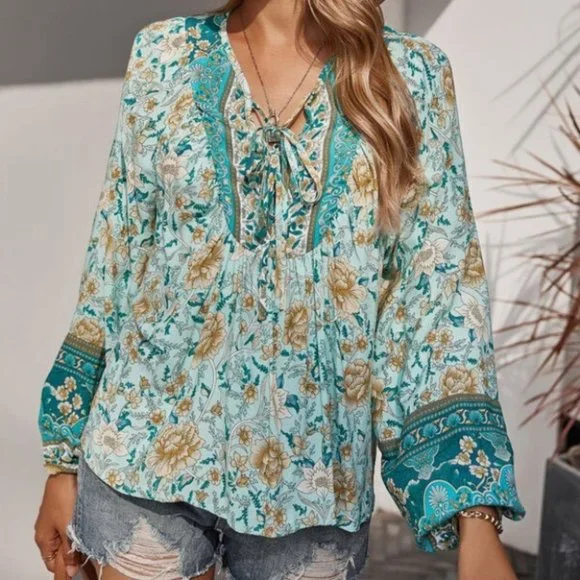 Boho Gypsy Floral Print Blouse Top teal - Picture 2 of 8